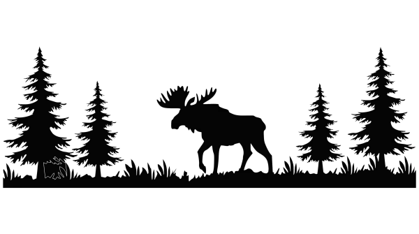 Laser-cut aluminum wall art of a moose in a forest clearing with four trees. The silhouette style and textured finish add contrast, perfect for rustic interiors.